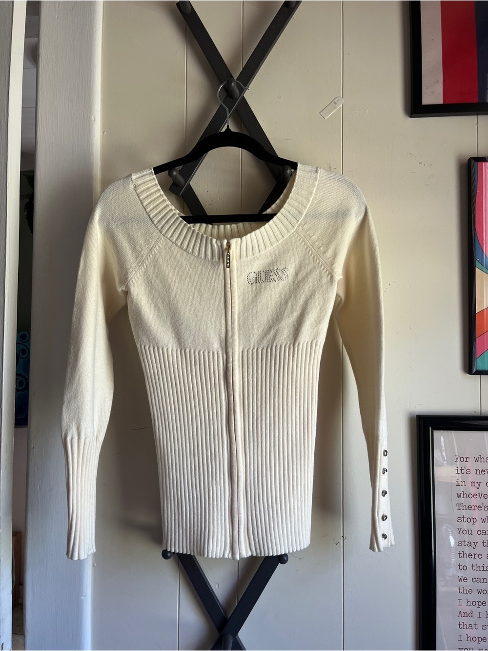 Vintage GUESS Cream Zip-Front Ribbed V-Neck Sweater